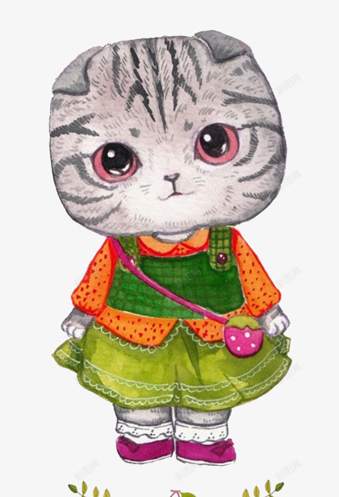 卡通手绘猫咪png免抠素材_新图网 https://ixintu.com 动物 卡通手绘猫咪 可爱猫咪 塌耳 小包包 手绘包包 手绘挎包 手绘猫 手绘猫咪 挎包 裙子