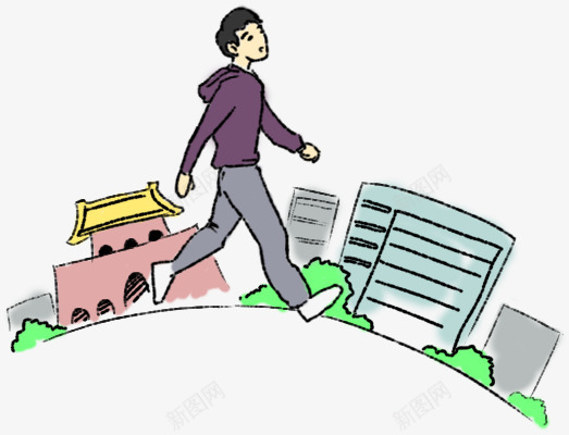 手绘城市里漫步的人png免抠素材_新图网 https://ixintu.com 卡通 散步 漫步 男人 男孩