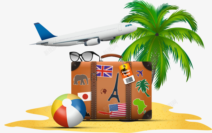 热带海滩旅游png免抠素材_新图网 https://ixintu.com 旅游 旅行 海滩 热带海滩 矢量旅游元素 箱子 飞机