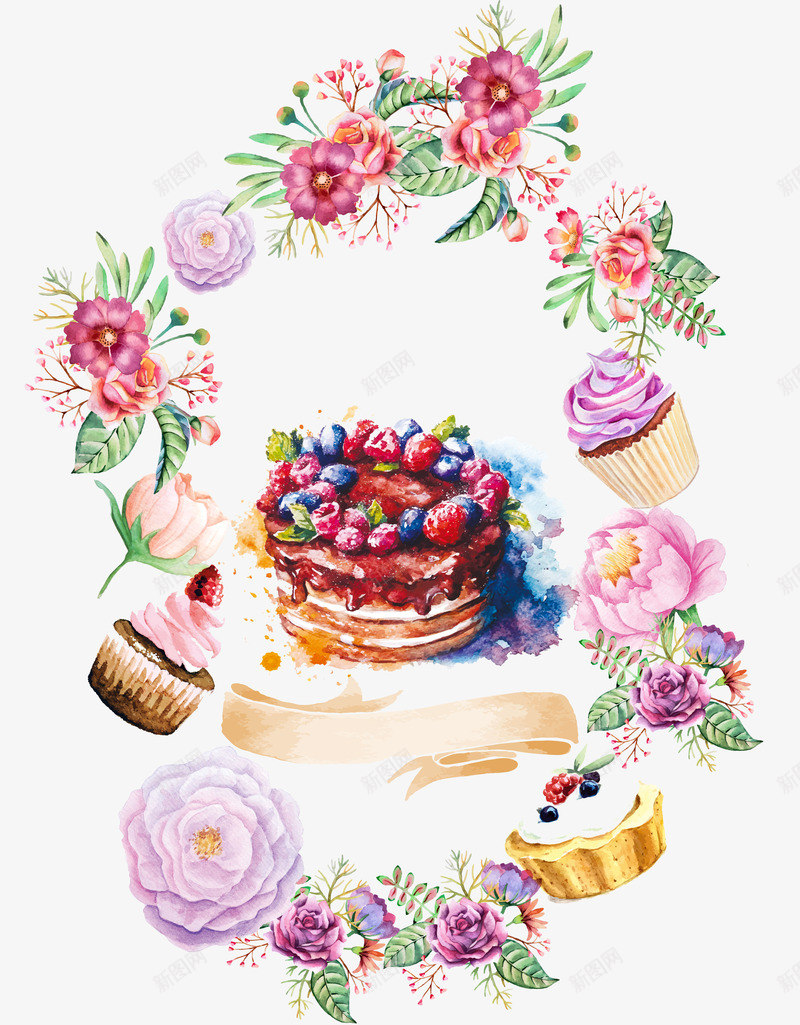 手绘蛋糕psd免抠素材_新图网 https://ixintu.com 丝带 彩色 艳丽 花环 蛋糕