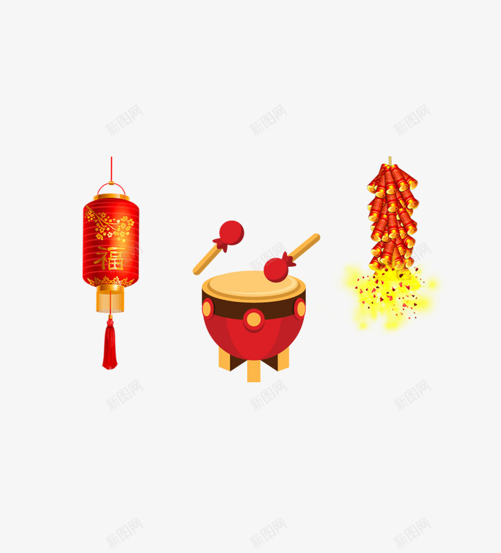 春节灯笼鞭炮png免抠素材_新图网 https://ixintu.com 春节 灯笼 锣鼓 鞭炮