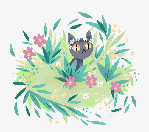 草丛小猫png免抠素材_新图网 https://ixintu.com 动物 卡通 小猫 手绘 插画 猫咪 花丛 草丛