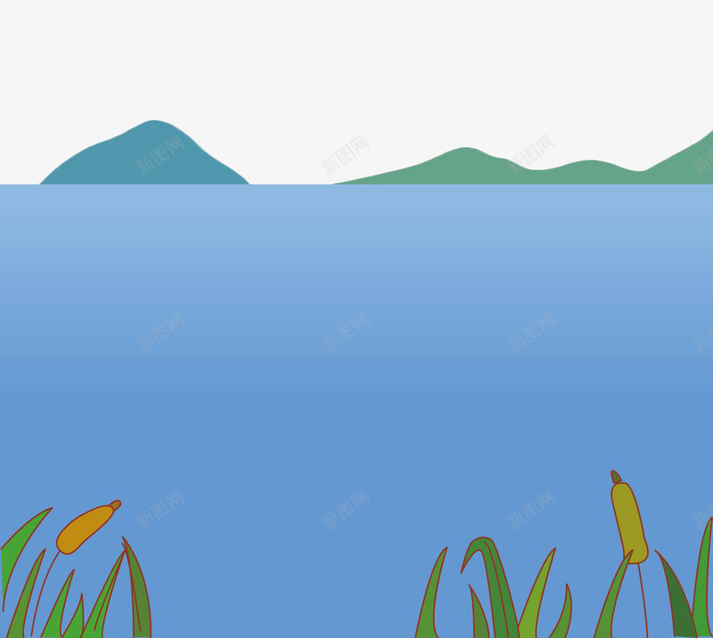 蓝色江面png免抠素材_新图网 https://ixintu.com 小草 水面 江水 江面 蓝色 远山 风景