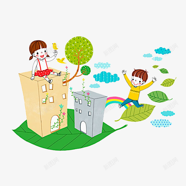 坐在楼顶的女孩png免抠素材_新图网 https://ixintu.com 卡通 叶子 女孩 彩虹 手绘 楼房 漂浮 男孩 简图