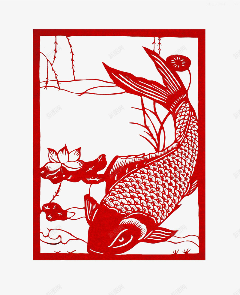 锦鲤柳树荷叶剪纸窗花png免抠素材_新图网 https://ixintu.com 剪纸 好运锦鲤 新春 春节 窗花 荷叶 锦鲤 鲤鱼