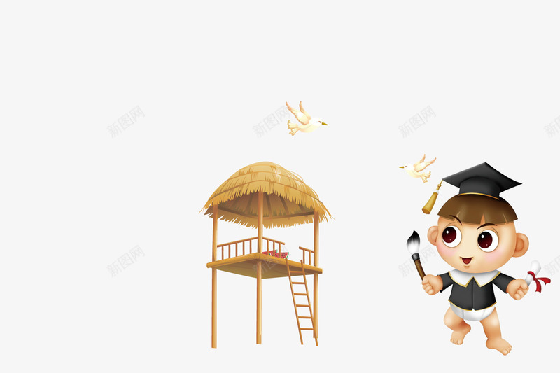 3D风格小博士和草房png免抠素材_新图网 https://ixintu.com 博士帽 博士服 小博士 小博士人物 毕业 毕业照 草屋 草房