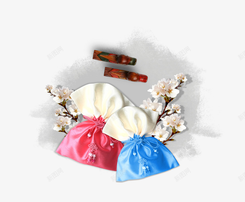 水墨png免抠素材_新图网 https://ixintu.com 创意 水墨 红色 花 蓝色 香囊 鲜花