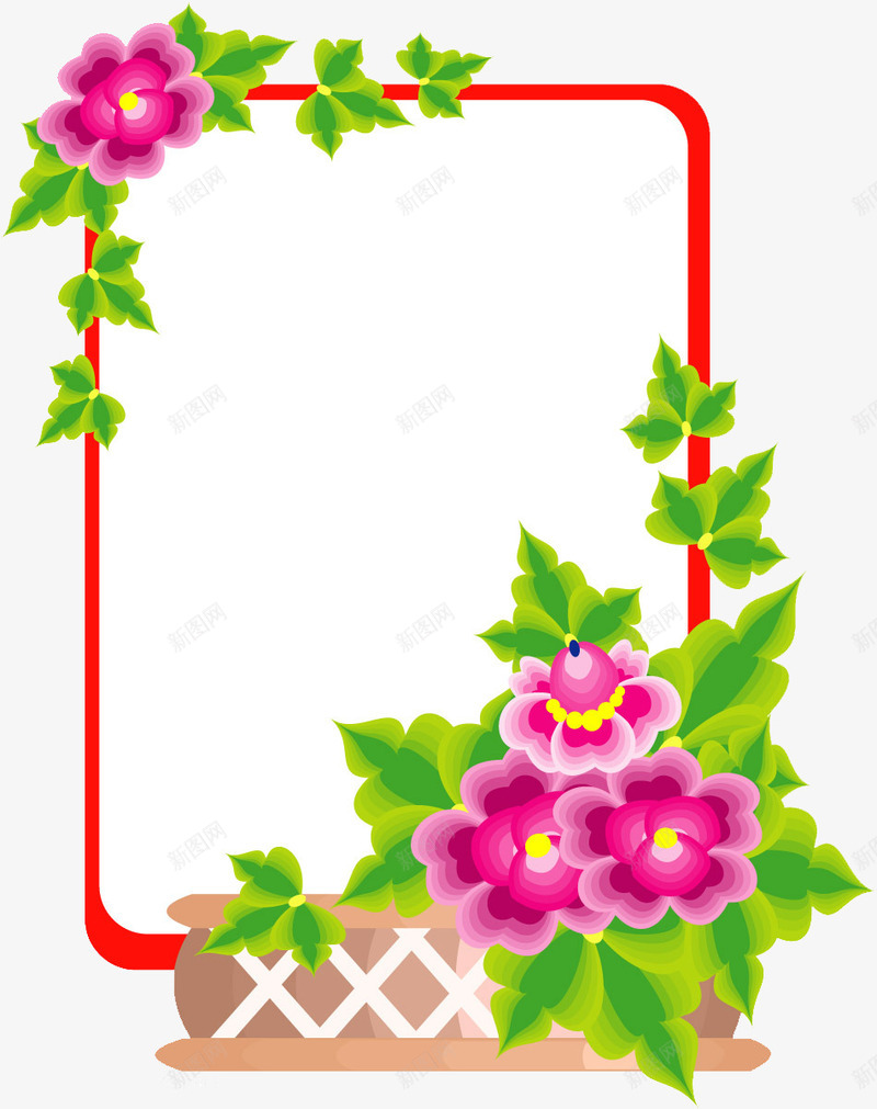 鲜花展示板png免抠素材_新图网 https://ixintu.com 展示框 粉色 绿叶 边框 鲜花