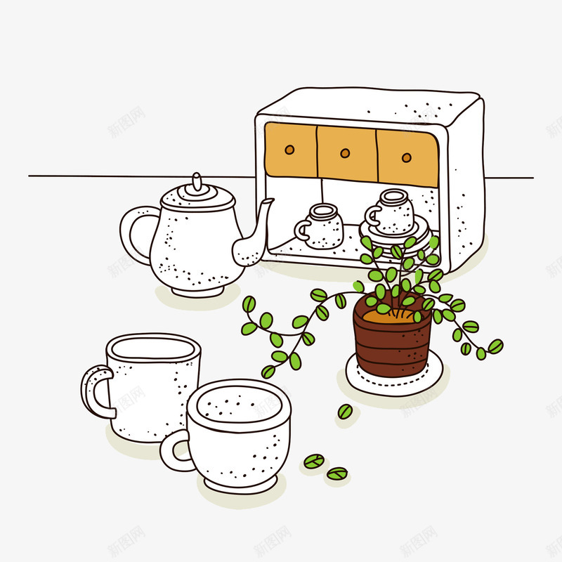读物下午茶清新插画png免抠素材_新图网 https://ixintu.com 下午茶 卡通 小清新 平面 手绘 插画 摆件 杯子 水壶 饮品