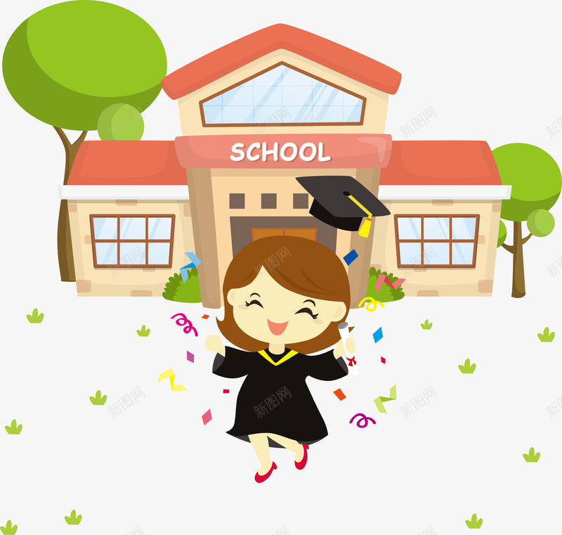 学校前的女生png免抠素材_新图网 https://ixintu.com 人物插画 卡通女孩 女孩 女生 学校 小树 矢量女孩