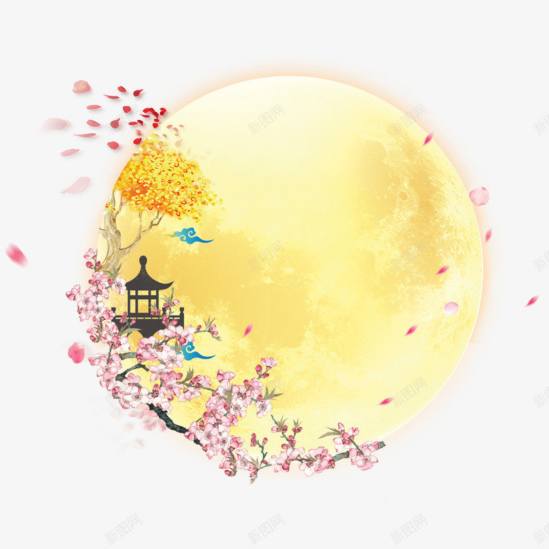 月亮花瓣png免抠素材_新图网 https://ixintu.com 卡通 圆形 月亮 枝干 漂浮 粉色 花朵 花瓣 黄色