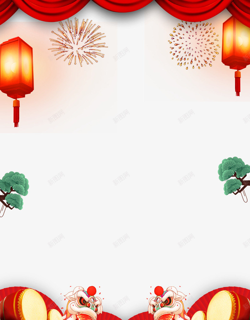 新年钜惠背景边框psd分层图png免抠素材_新图网 https://ixintu.com 传统边框背景 喜迎新年 大鼓 年末大促 新年狂欢购 新年钜惠 欢度春节 灯笼 烟花 福袋 红幕布