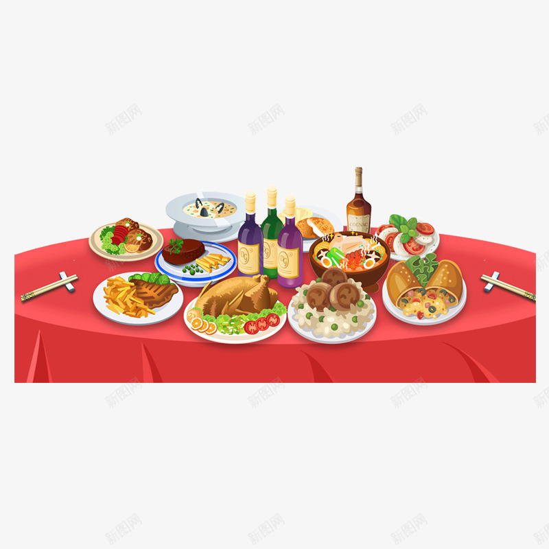 红色喜庆年夜饭美食元素png免抠素材_新图网 https://ixintu.com 年夜饭 烤鸭 红色 纹理 美食 质感 酒瓶 食物