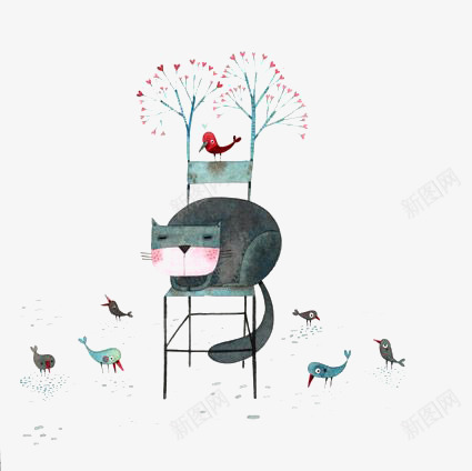 卡通猫咪png免抠素材_新图网 https://ixintu.com 动物 宠物插画 小鸟 文艺绘本 椅子 植物 猫咪
