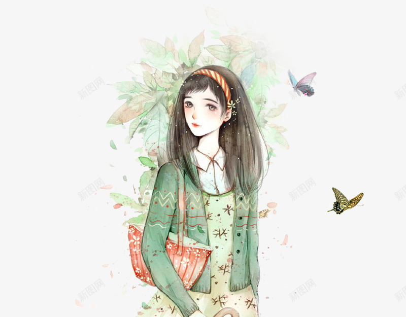 手绘美丽花季少女插画psd免抠素材_新图网 https://ixintu.com 小鸟 少女 手绘 插画 春季 美丽 花季 花朵