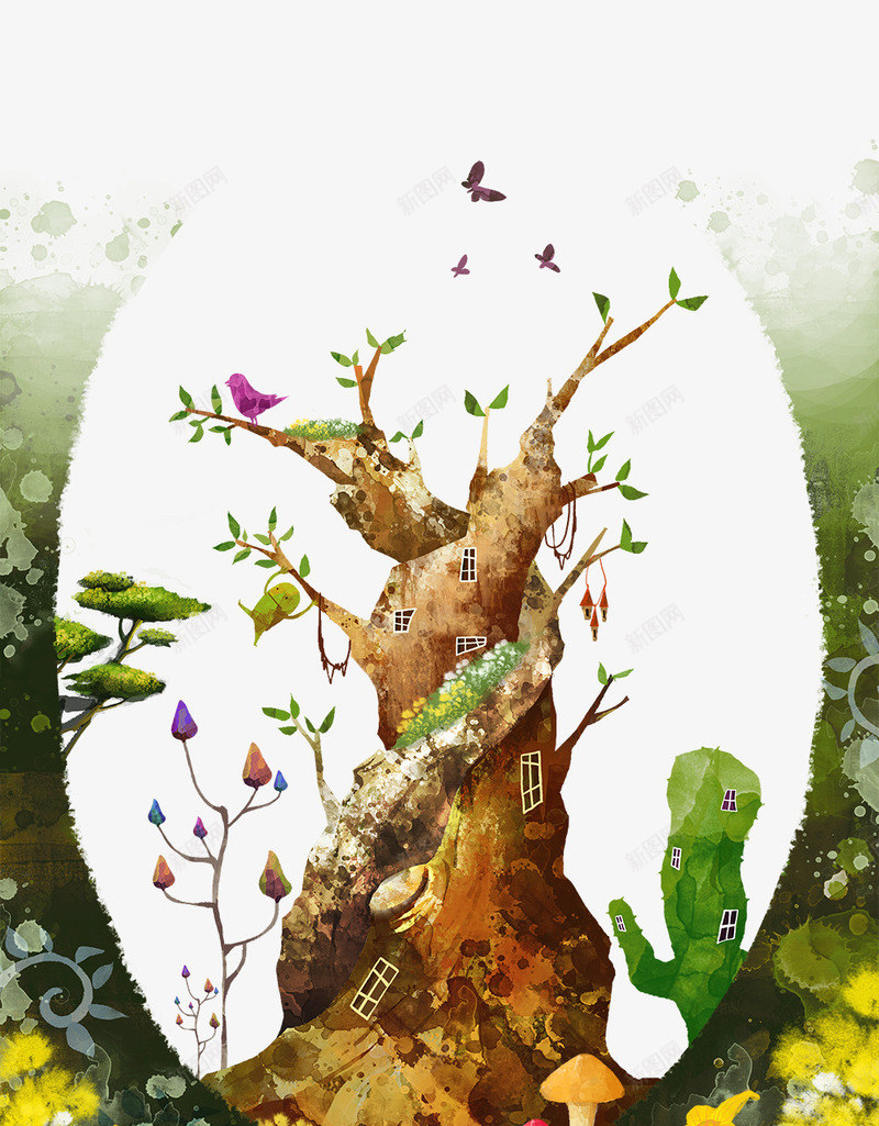 手绘大树风景画png免抠素材_新图网 https://ixintu.com 卡通大树 大树免抠素材 手绘大树 风景画