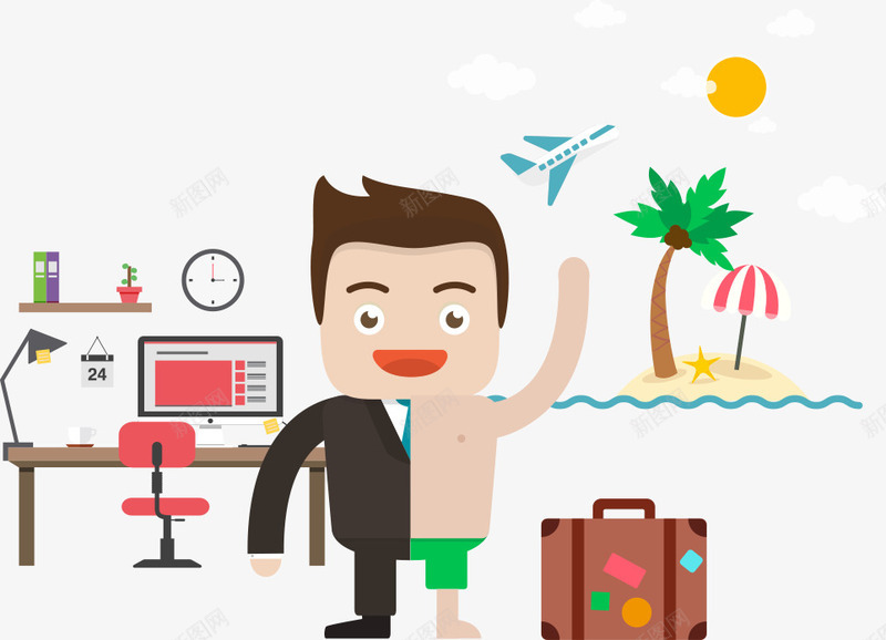 办公室与旅行png免抠素材_新图网 https://ixintu.com 创意人物 办公室 手提箱 旅游 旅行 海滩 飞机