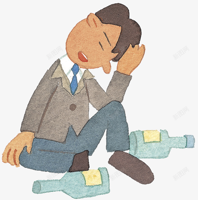 卡通喝醉抱头的男人png免抠素材_新图网 https://ixintu.com 卡通 喝醉 手绘 抱头的男人 酒瓶子 酒醉 醉了 醉酒