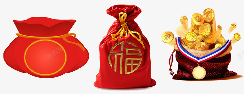 春节传统福袋财富png免抠素材_新图网 https://ixintu.com 传统文化 元宵节 吉祥狗年 年画 狗年大吉 狗年广告 福袋 财富 财神 金币