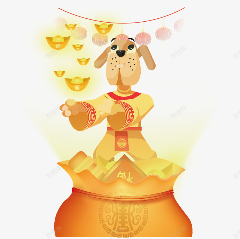 站在钱袋上的小狗png免抠素材_新图网 https://ixintu.com 卡通小狗 春节 狗年 生肖狗 福袋 节日 金元宝 金币