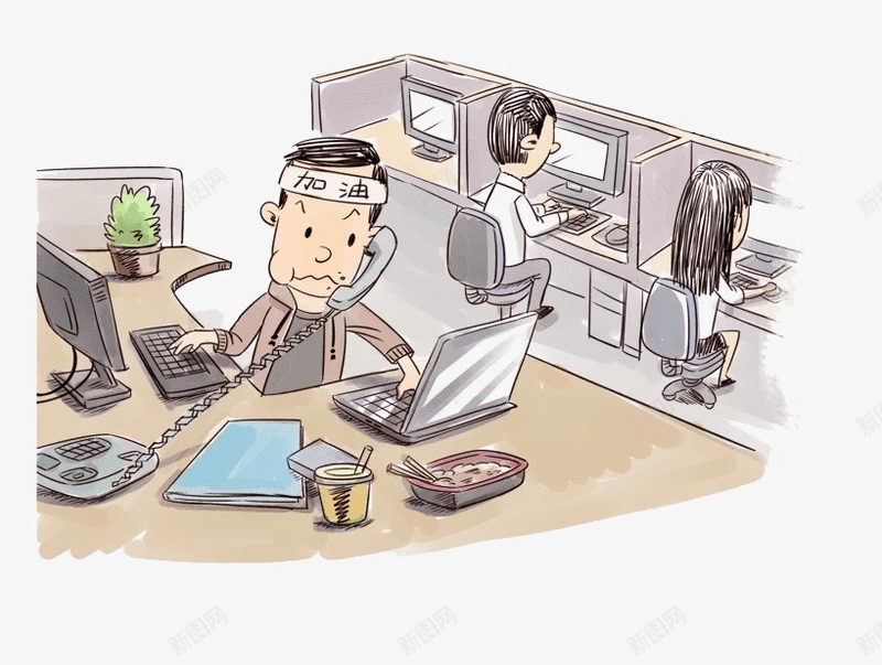 加班工作的男人png免抠素材_新图网 https://ixintu.com 办公桌 加油 加油图 卡通 工作 条幅 电脑 电话 男人