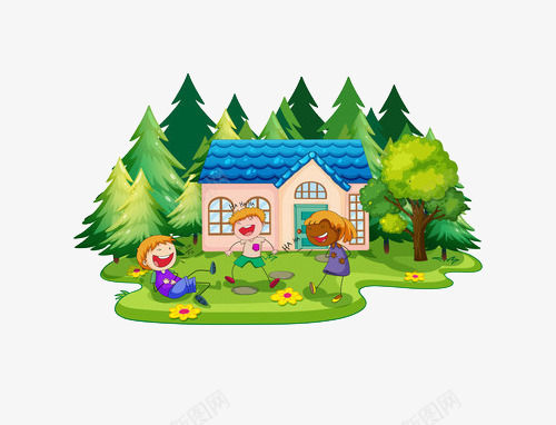 卡通版的小孩们在屋前草坪戏耍png免抠素材_新图网 https://ixintu.com 卡通 小孩 戏耍 草坪
