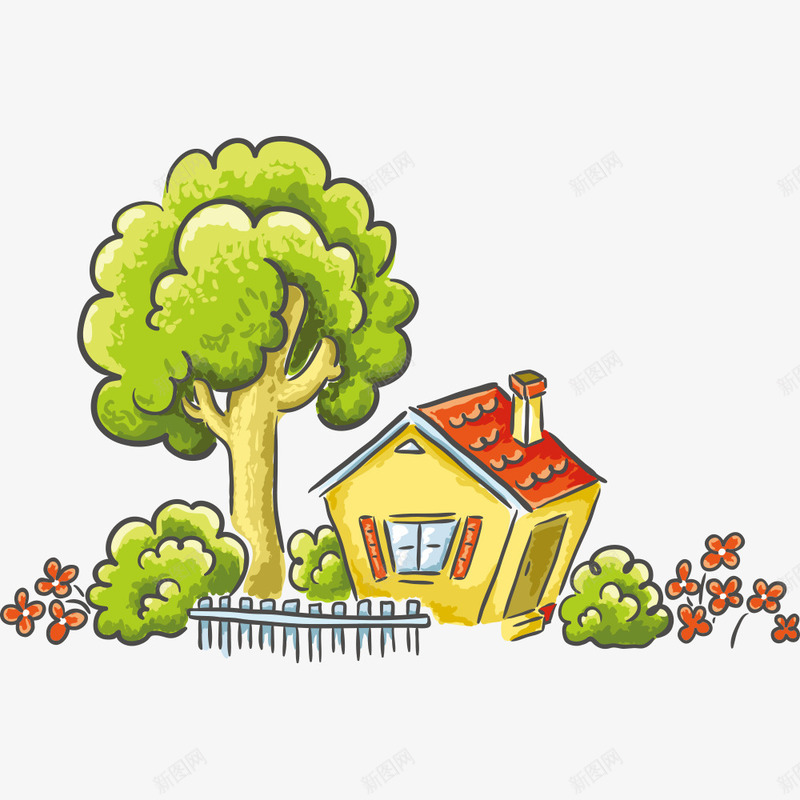 手绘卡通小屋png免抠素材_新图网 https://ixintu.com 卡通 大树 小屋 手绘 栅栏 花草