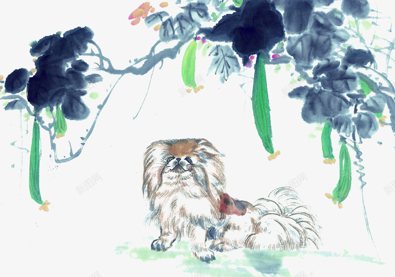 中国画瓜藤下的狗png免抠素材_新图网 https://ixintu.com 丝瓜 丝瓜藤 手绘瓜藤 瓜藤