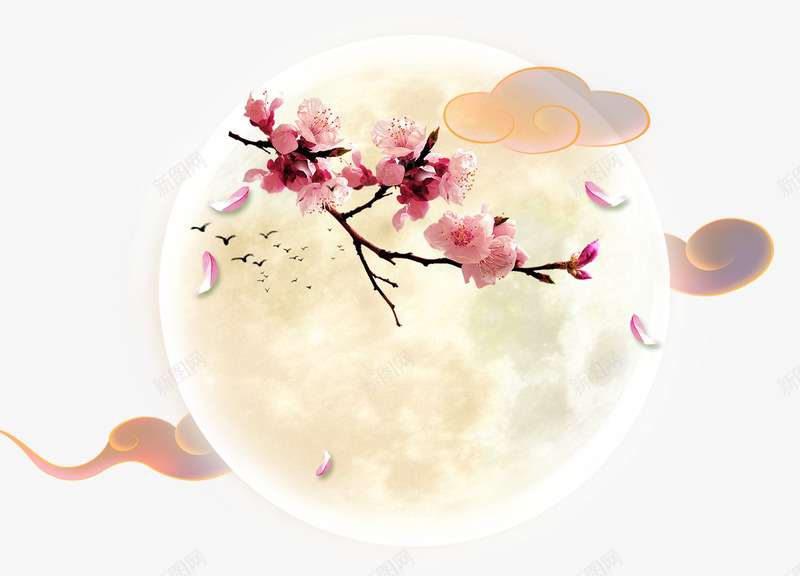 中秋节发光月亮png免抠素材_新图网 https://ixintu.com 中秋节 中秋节素材 发光 发光素材 月亮 桃花 漂浮花瓣 祥云