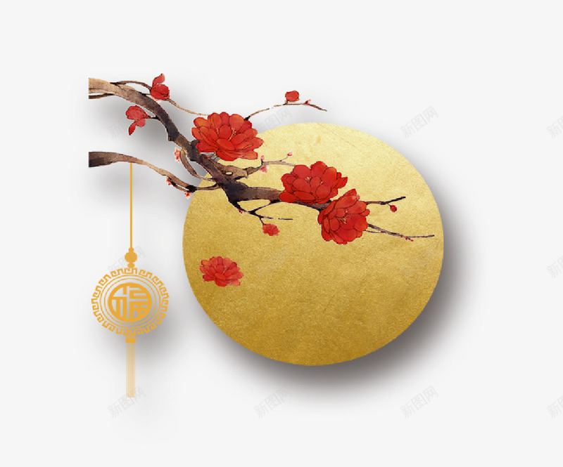 金色立体新春创意装饰图案psd免抠素材_新图网 https://ixintu.com 中国风 挂饰 新春 春节 月亮 立体创意 花朵 金色