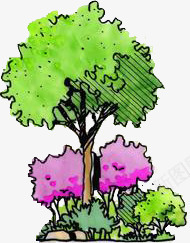 手绘绿色大树紫色小花png免抠素材_新图网 https://ixintu.com 大树 紫色 绿色