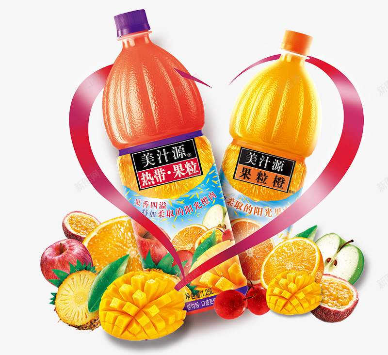 美汁源果粒橙png免抠素材_新图网 https://ixintu.com 产品实物 新鲜水果 果粒橙海报素材 热带水果 美汁源果粒橙 芒果 苹果 菠萝 饮品