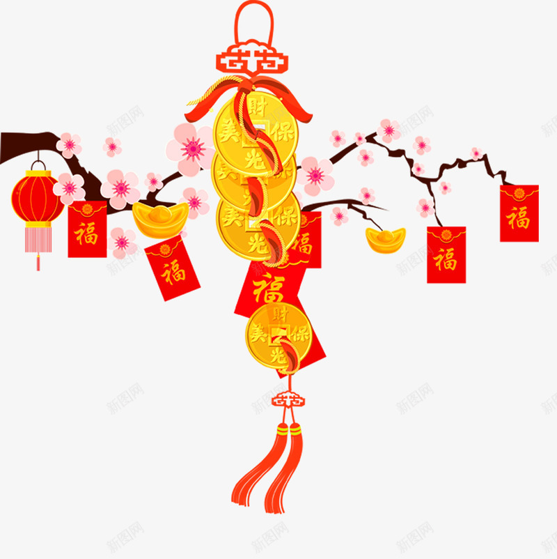 金币中国结png免抠素材_新图网 https://ixintu.com 中国结 春节素材 树枝 梅花 灯笼 红包 金币