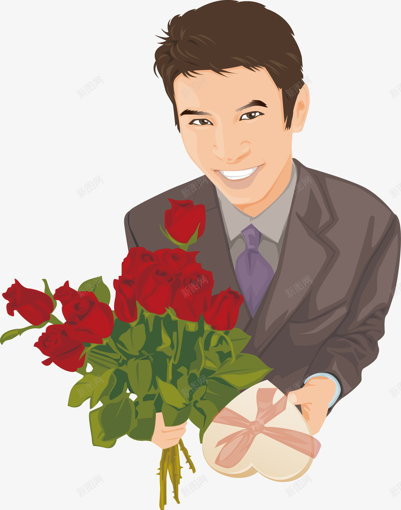 献花男人矢量图ai免抠素材_新图网 https://ixintu.com 卡通人物 玫瑰花 男士 男朋友 矢量图