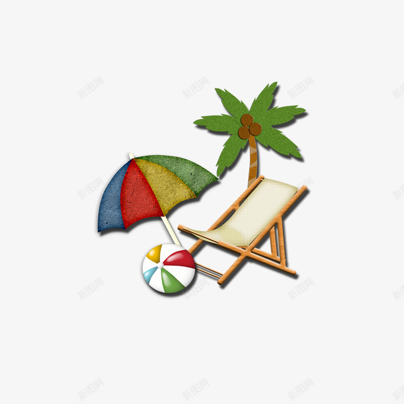 卡通海滩物品png免抠素材_新图网 https://ixintu.com 卡通 椰树 海滩 躺椅