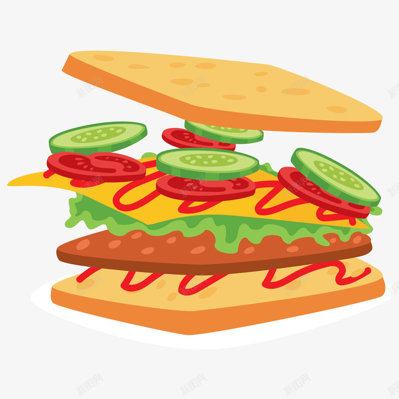 扁平化食物三明治png免抠素材_新图网 https://ixintu.com 三明治 扁平化食品 番茄酱 芝士 西红柿 面包片 食物 黄瓜