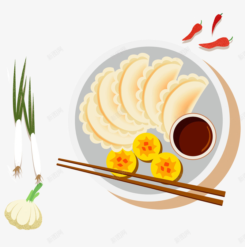 手绘饺子葱蒜psd免抠素材_新图网 https://ixintu.com 冬至 手绘 葱蒜 辣椒 饺子