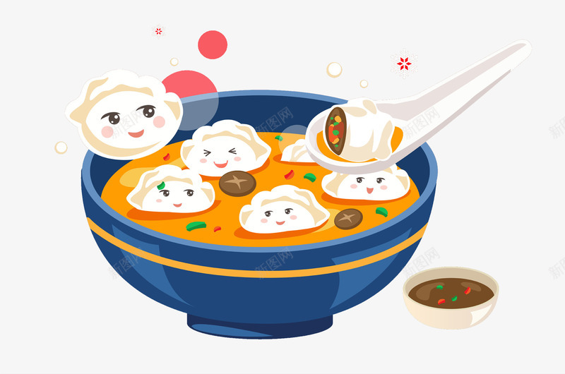 手绘卡通饺子图png免抠素材_新图网 https://ixintu.com 创意的 勺子 卡通 可爱的 年夜饭 蘸料 饭碗 饺子