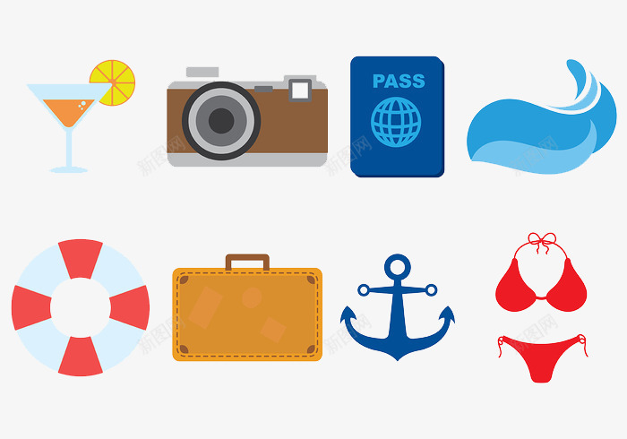 海滩旅游图标元素png_新图网 https://ixintu.com 游泳圈 照相机 饮料