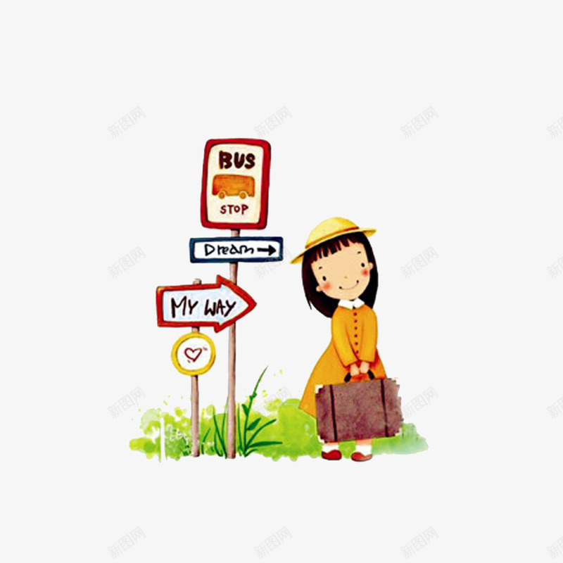 拿着行李等车的女孩png免抠素材_新图网 https://ixintu.com 卡通插图 小草 带着帽子的女孩 拿着行李的女孩 站牌 等车的人