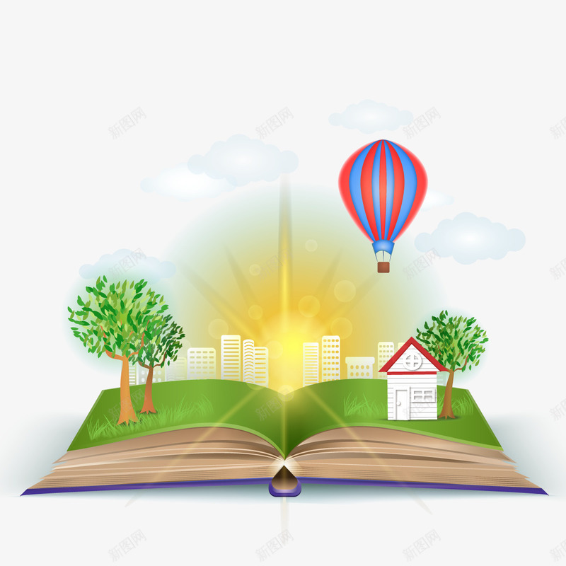 打开的书png免抠素材_新图网 https://ixintu.com 城市 太阳 春天 热气球