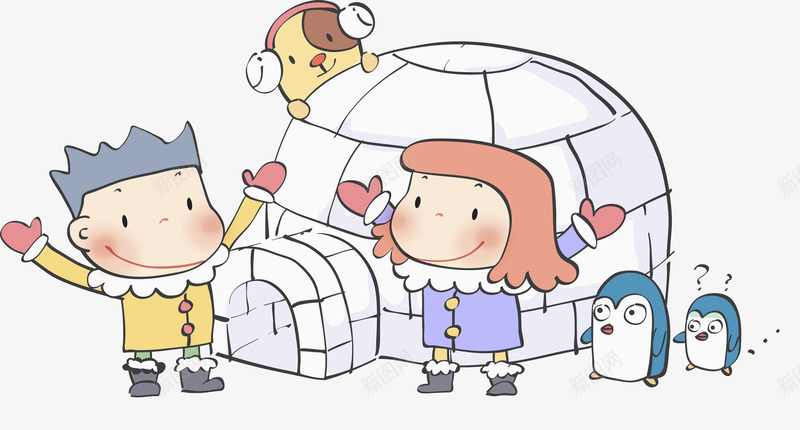 手绘冰雕png免抠素材_新图网 https://ixintu.com 企鹅 冰雕 卡通 可爱 女孩 孩子 手绘 水彩 男孩