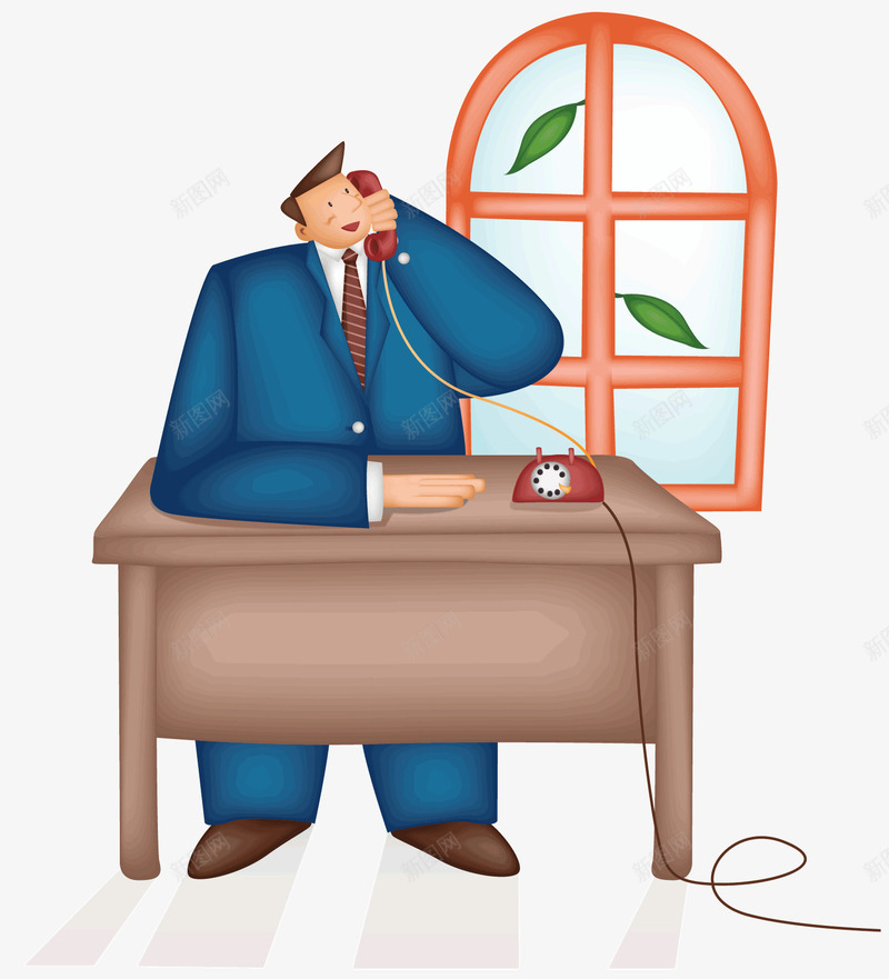 卡通人物打电话png免抠素材_新图网 https://ixintu.com 复古电话 打电话的男人 树叶 电话 窗户 蓝色西装