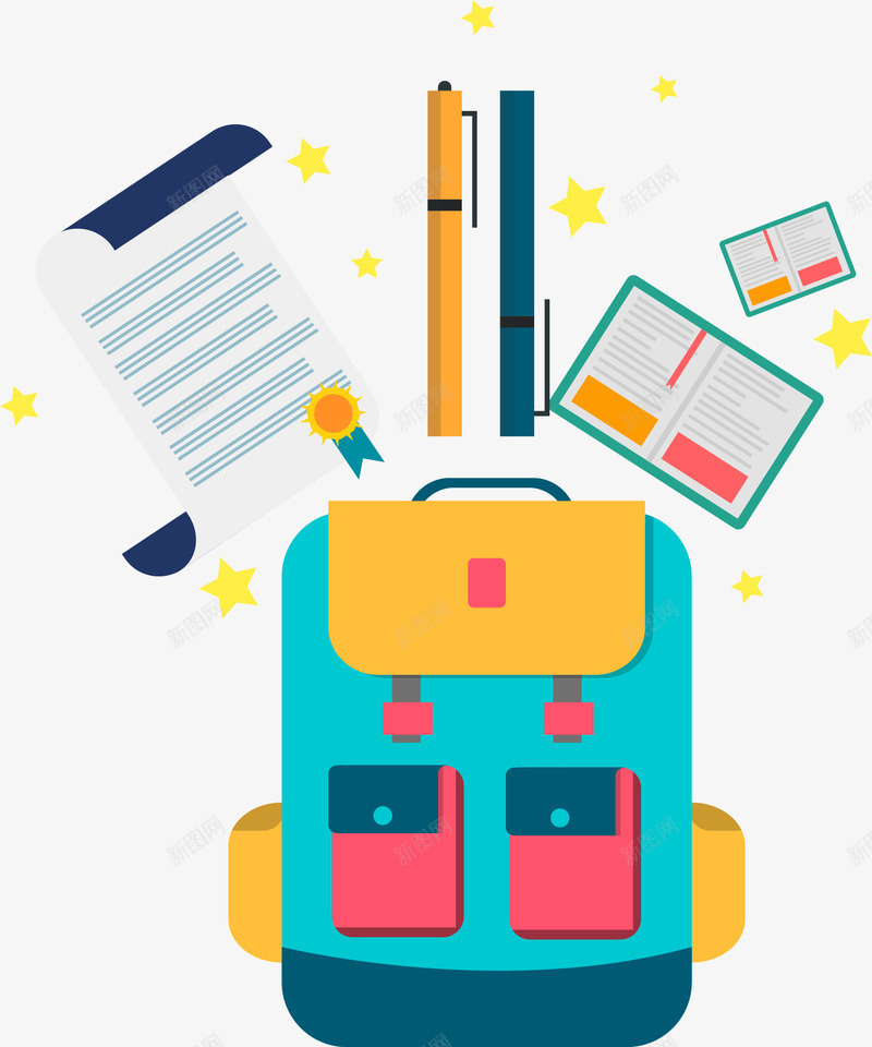 开学书包文具矢量图eps免抠素材_新图网 https://ixintu.com 书本 开学 开学日 矢量素材 绿色书包 返校日 钢笔 矢量图