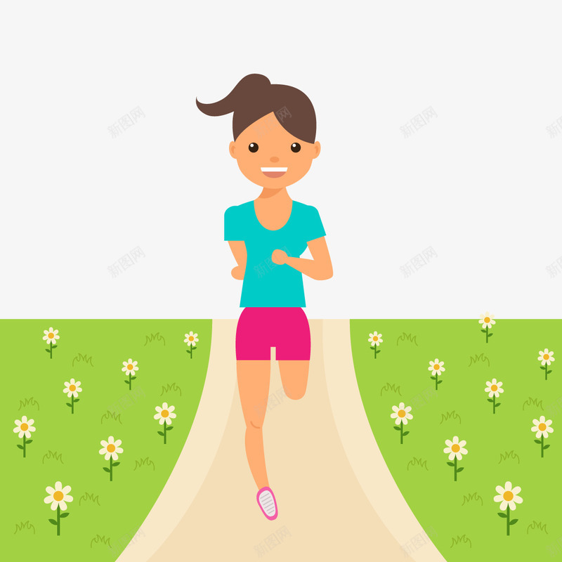 女孩晨跑矢量图ai免抠素材_新图网 https://ixintu.com 春天 草坪 运动 野花 矢量图