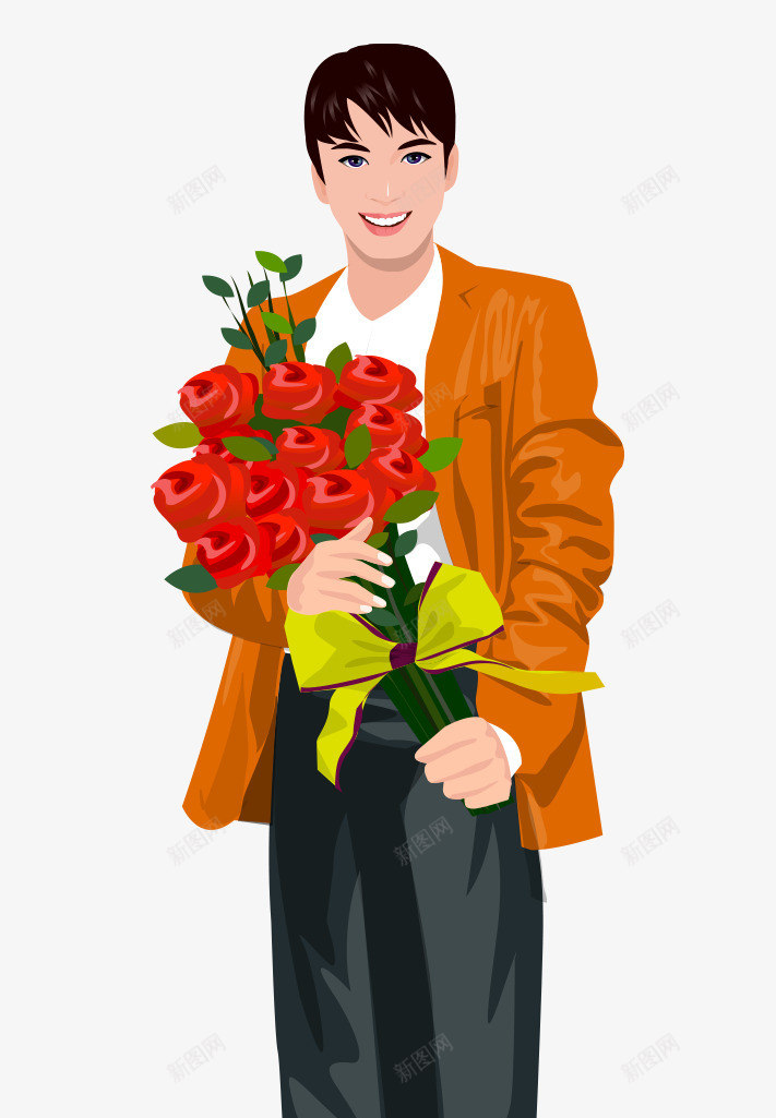 卡通手绘抱着一捆红色玫瑰花男人png免抠素材_新图网 https://ixintu.com 卡通的人物 平面玫瑰花 手绘的男人 抱着一捆红色玫瑰花的男人 矢量男人