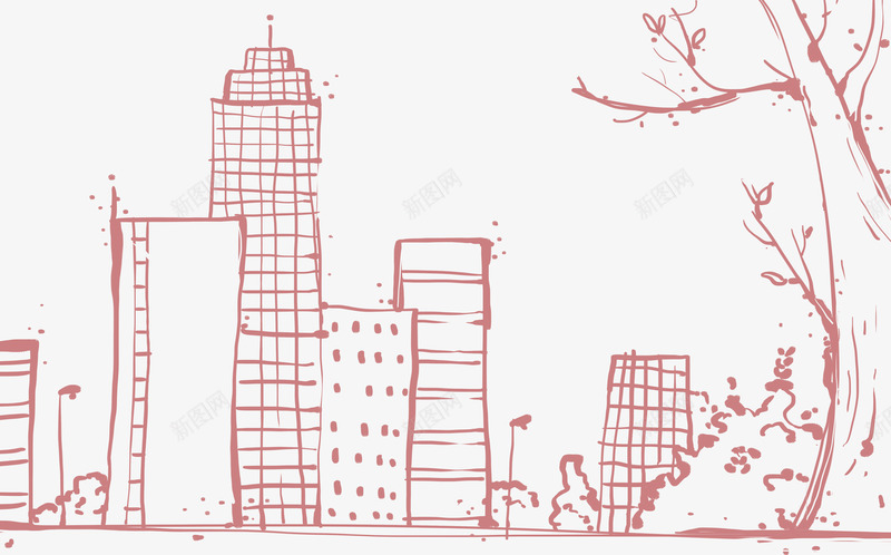 红色手绘城市街道大树美景png免抠素材_新图网 https://ixintu.com 城市 大树 红色 美景 街道