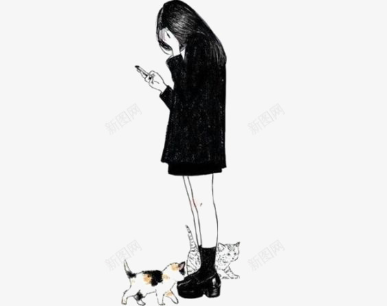 手绘女生png免抠素材_新图网 https://ixintu.com 卡通女生 女孩 猫咪 街拍女生 长发女生 黑色长发