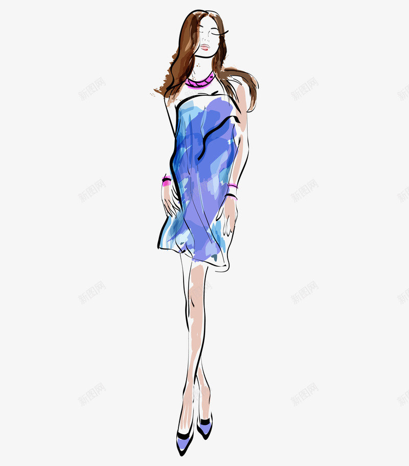 手绘水彩长腿女孩png免抠素材_新图网 https://ixintu.com 时尚女士 服装秀 模特 模特展示 蓝色裙子