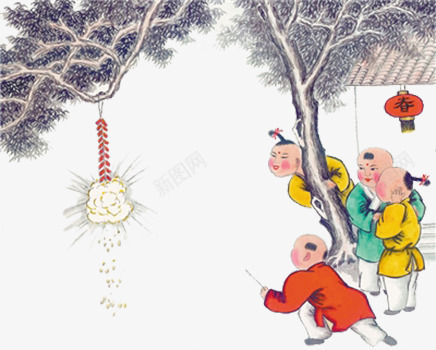 中国风童子点鞭炮png免抠素材_新图网 https://ixintu.com 中国风 卡通 可爱 大年初一 手绘 放鞭炮 新年 新春 春节 树木 童子 鞭炮